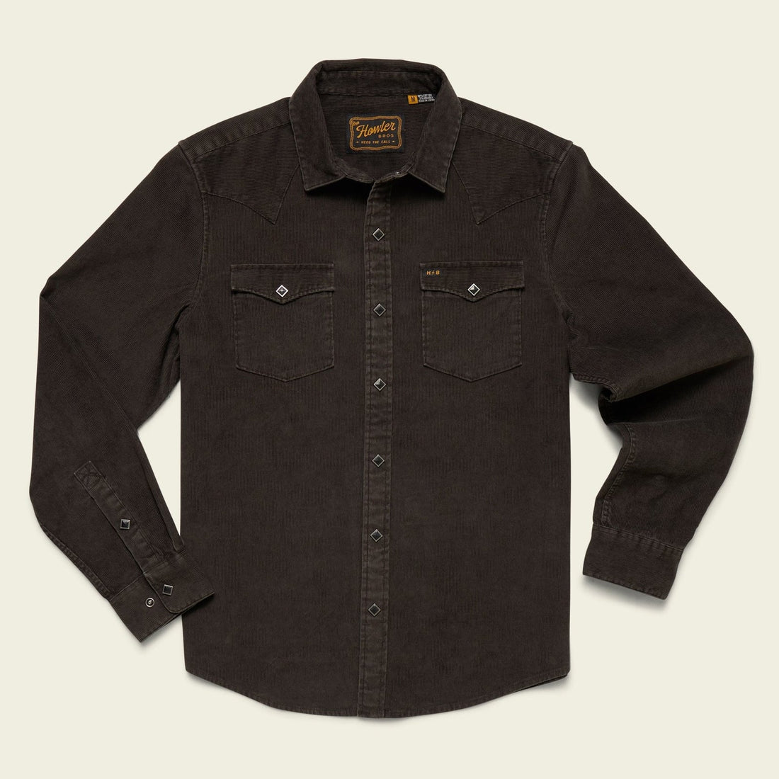 Roper's Clothing Corduroy Pearl Snap Shirt in Antique Black, front view