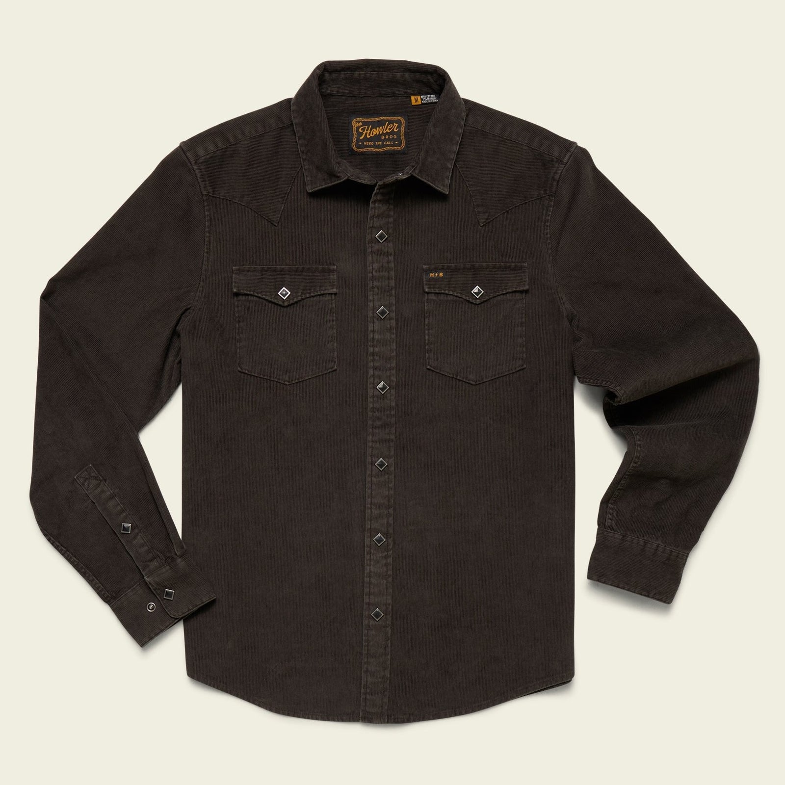 Roper's Clothing Corduroy Pearl Snap Shirt in Antique Black, front view