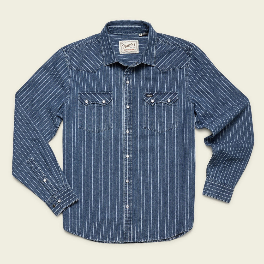 Roper's Clothing Denim Pearl Snap Shirt in Merle Stripe, front view