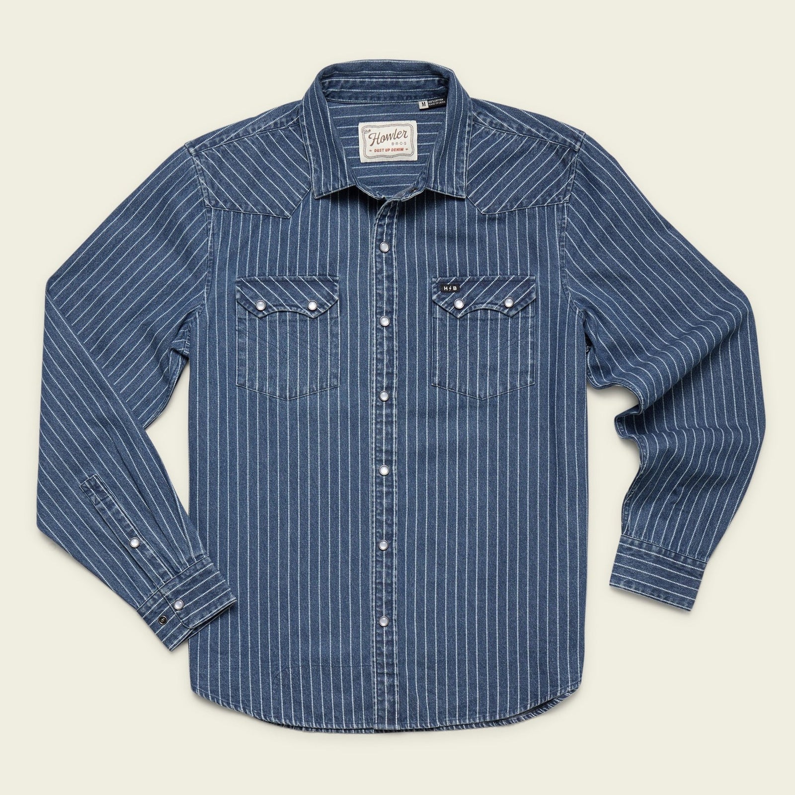 Roper's Clothing Denim Pearl Snap Shirt in Merle Stripe, front view