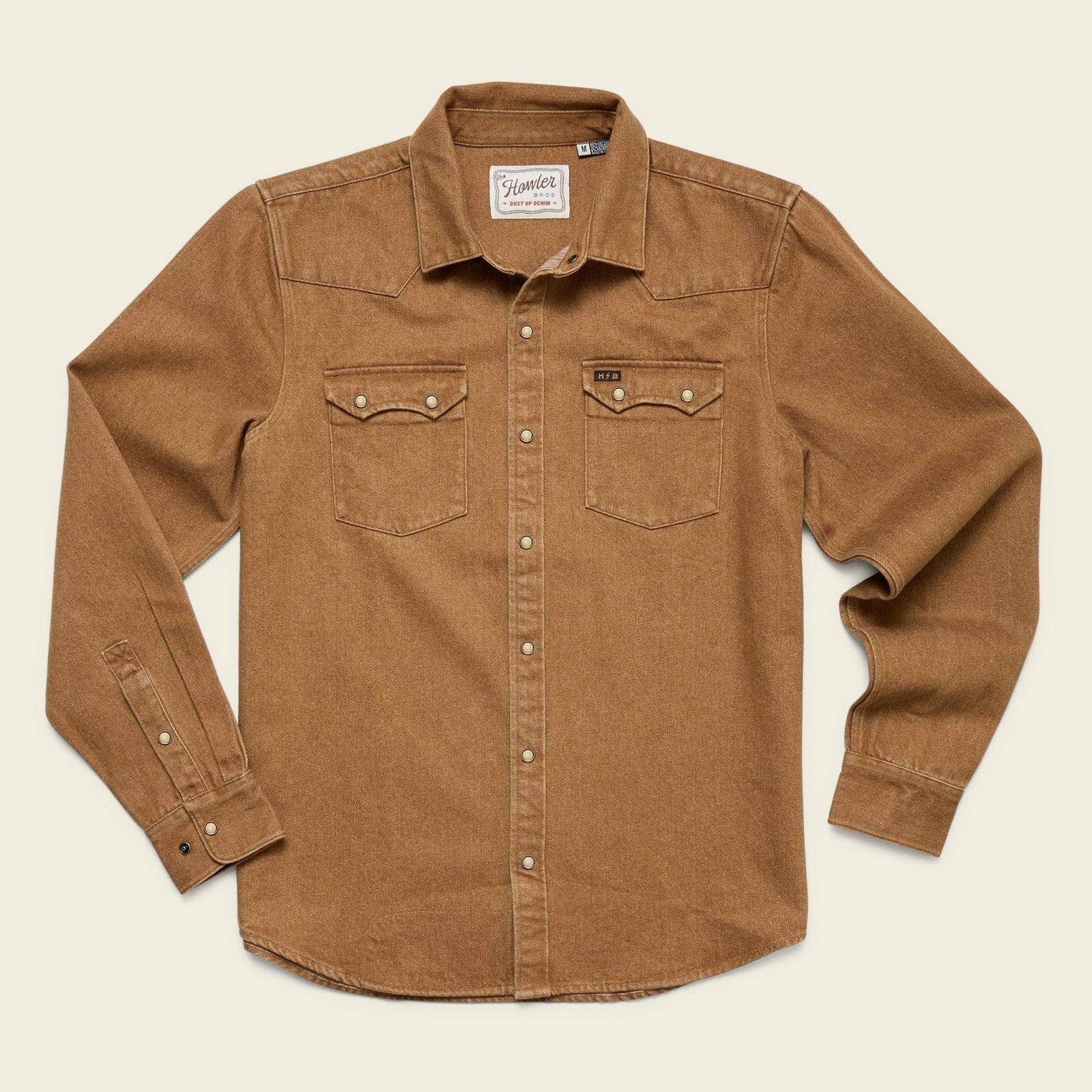 Roper's Clothing Denim Pearl Snap Shirt in Owens Oaker Wash, front view