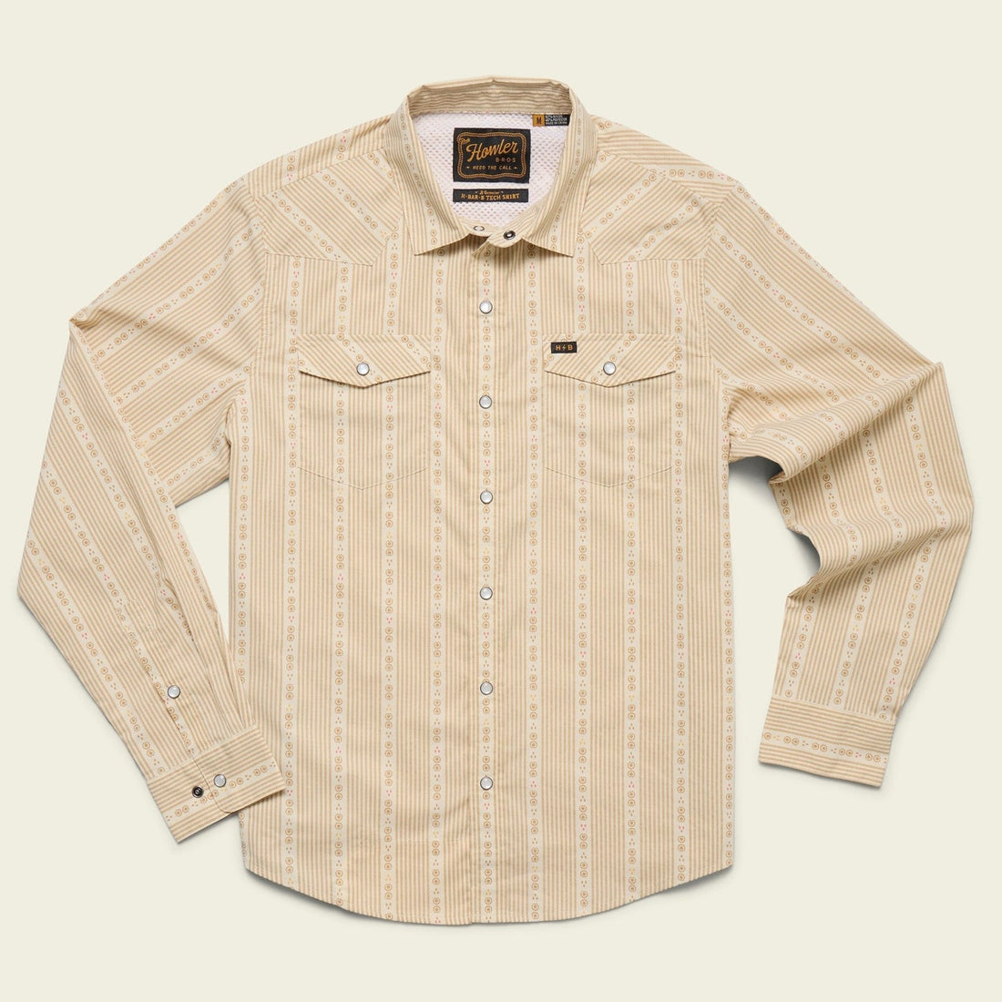 Roper's Clothing Performance Pearl Snap Longsleeve in Mosquero Stripe: Brown Rice, front view