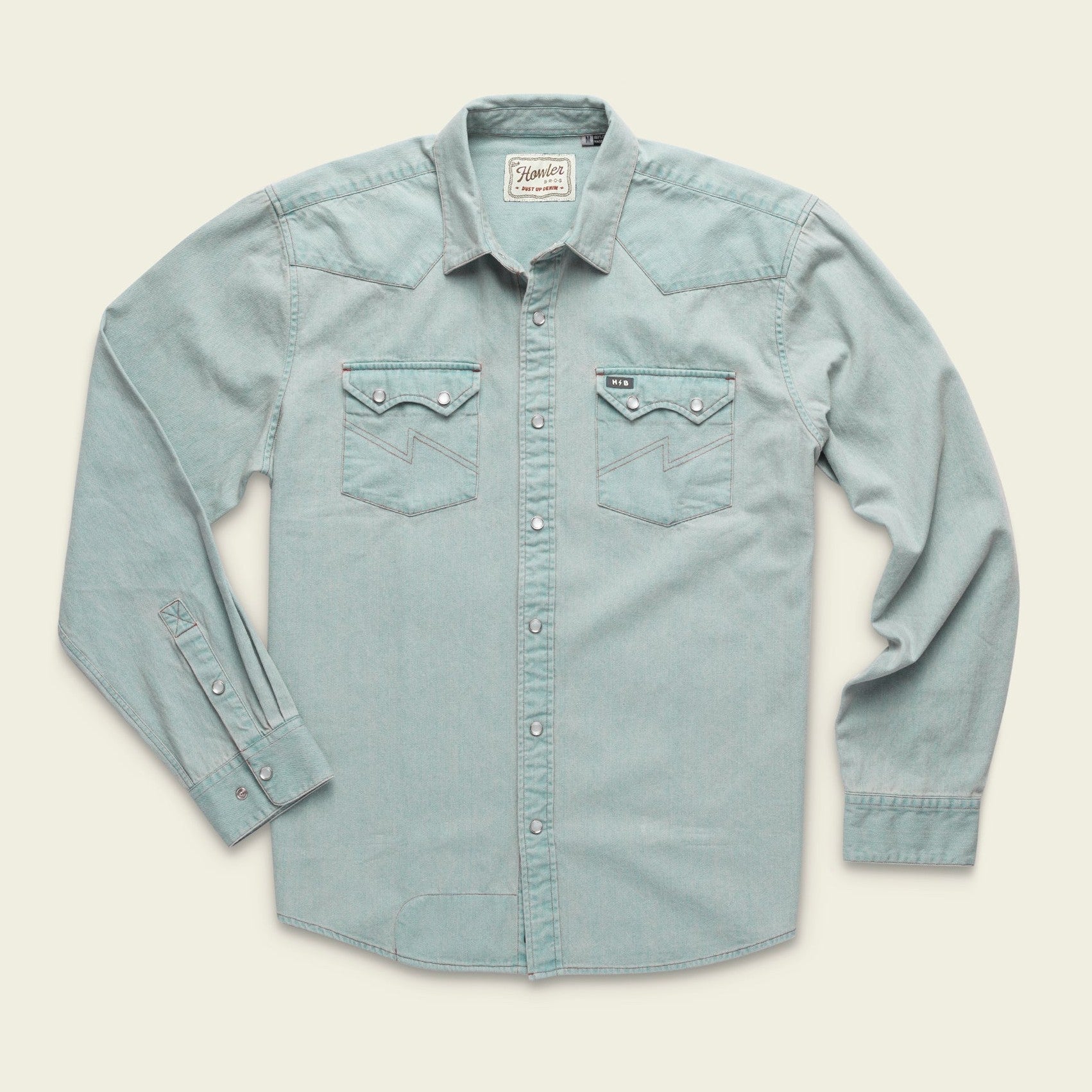 Roper's Clothing solid denim snap shirt in Garth Light Wash, front view