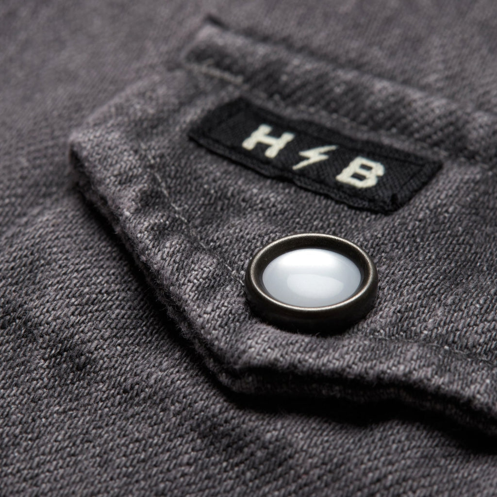 Roper's Clothing solid denim snap shirt in Jovi Grey Wash, placket and yoke detail