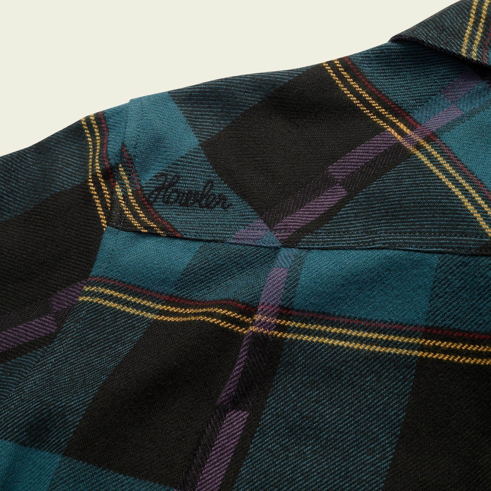 Roper's Clothing plaid flannel shirt in Backdrop Plaid: Phantom Blue, placket and yoke detail