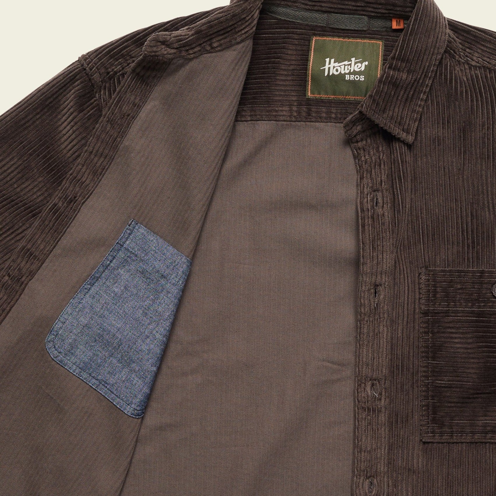 Roper's Clothing solid corduroy overshirt in Cocoa, placket and yoke detail