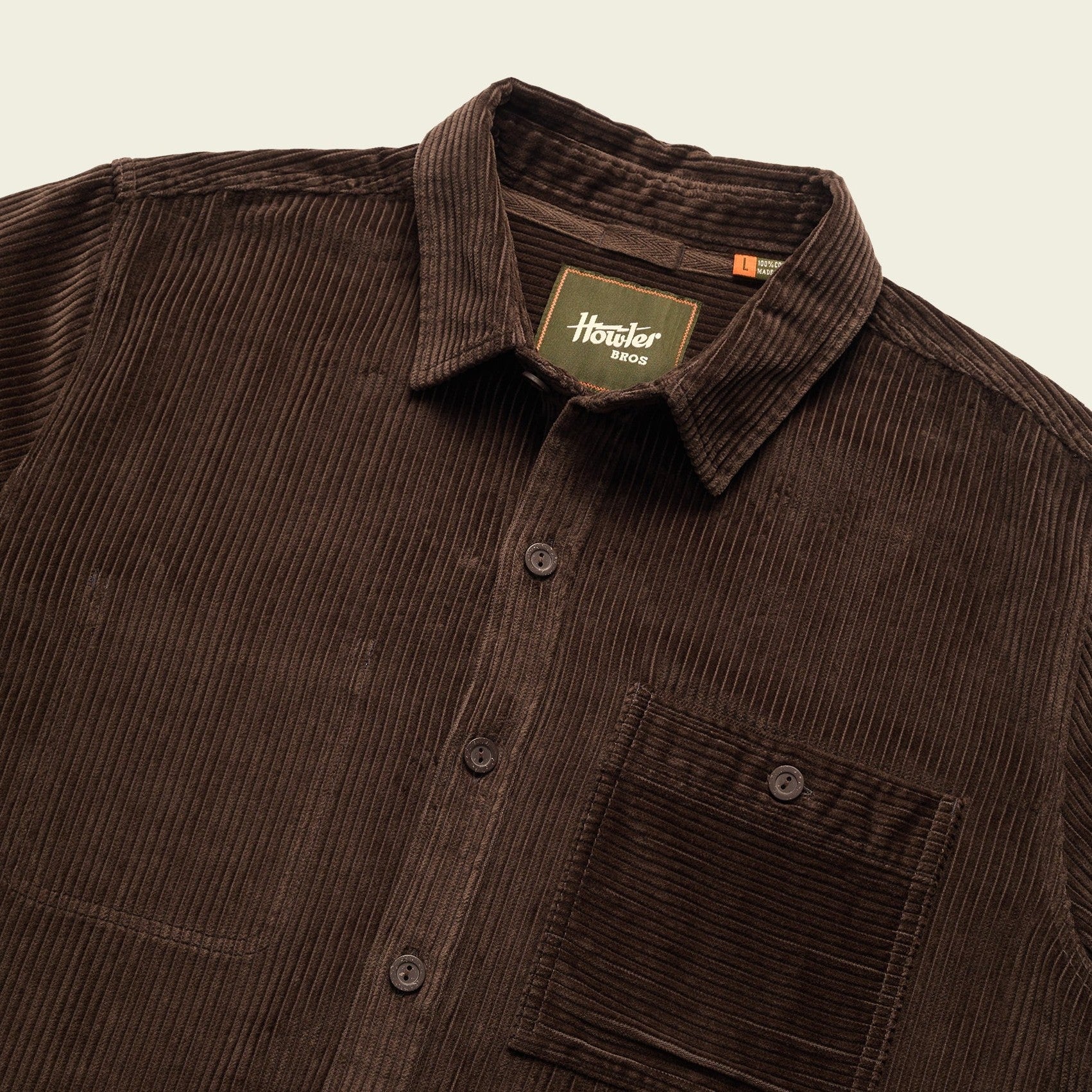 Roper's Clothing solid corduroy overshirt in Cocoa, worn on model