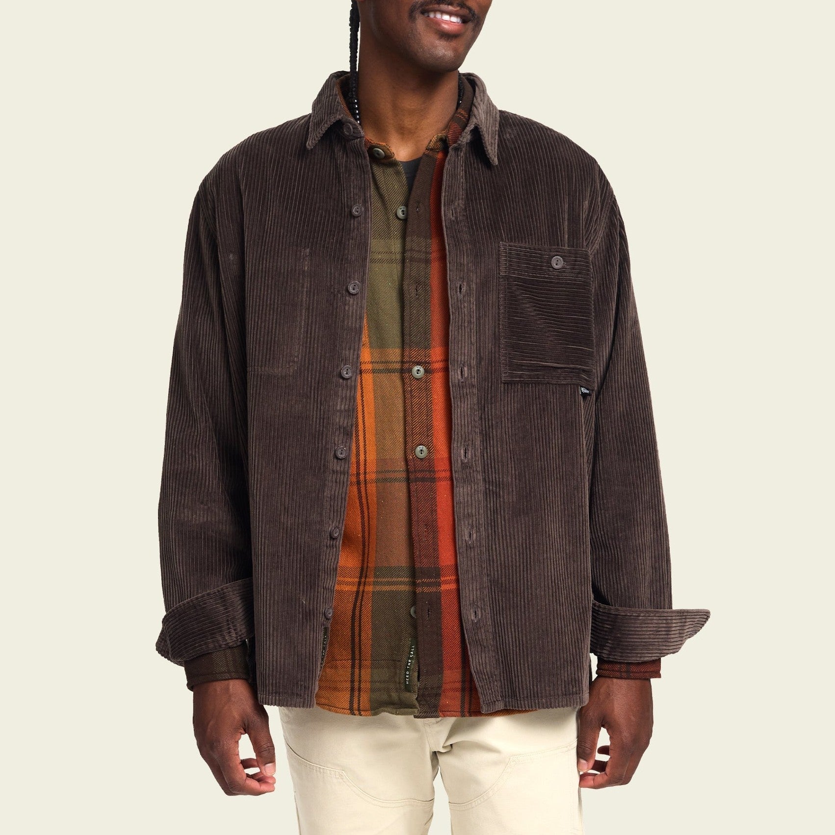 Roper's Clothing solid corduroy overshirt in Cocoa, cuff and sleeve detail