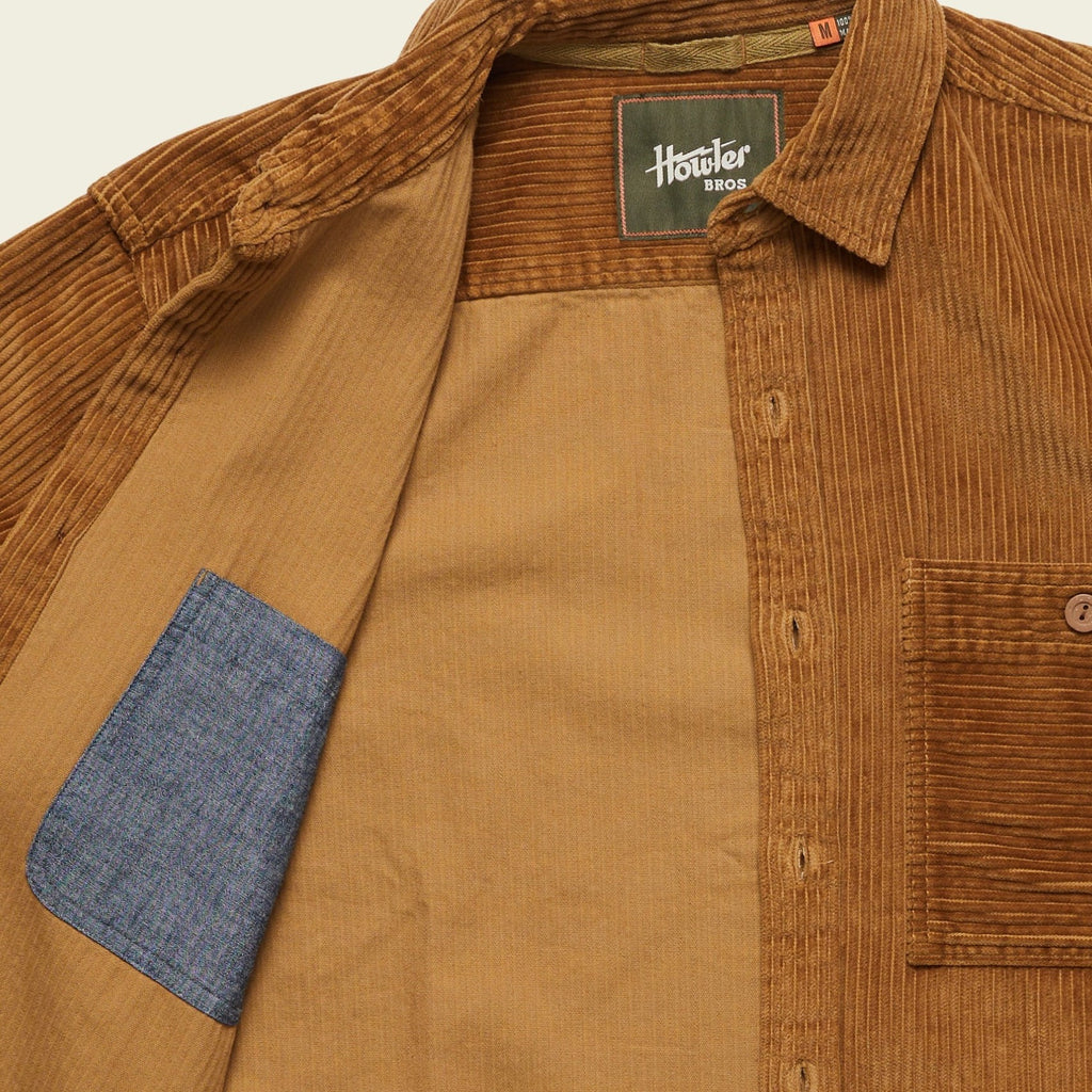 Roper's Clothing solid corduroy overshirt in Duck Brown, worn on model