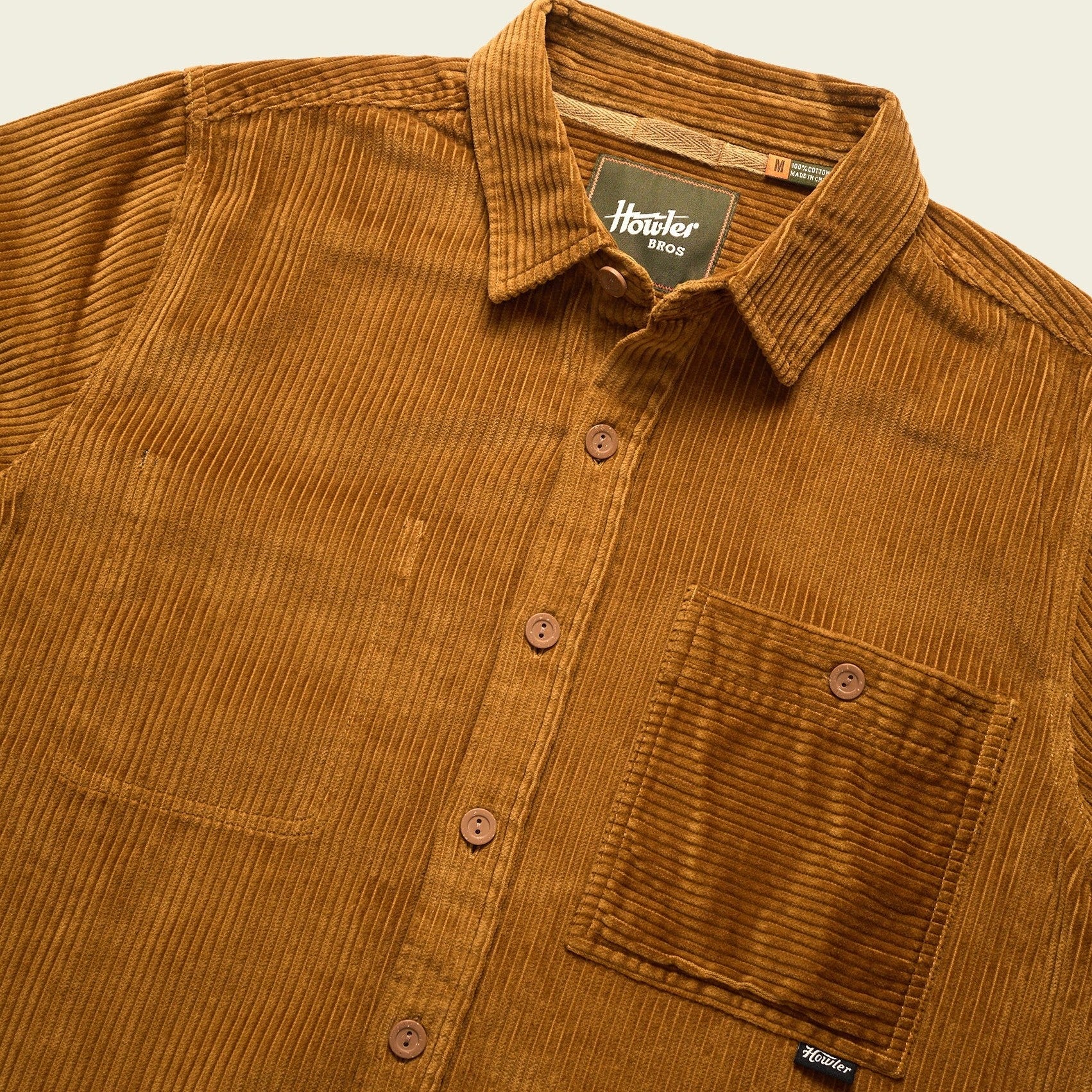 Roper's Clothing solid corduroy overshirt in Duck Brown, placket and yoke detail