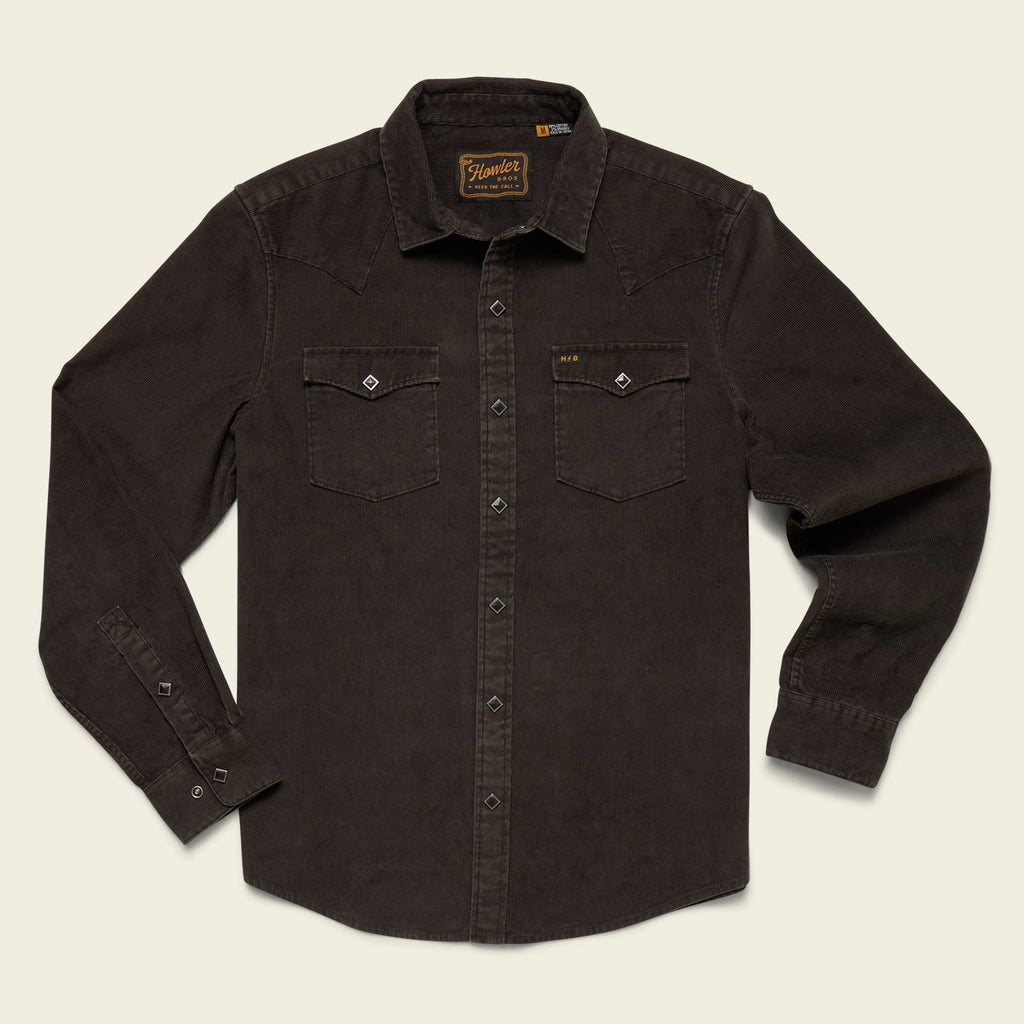 Roper's Clothing solid corduroy snap shirt in Antique Black, front view
