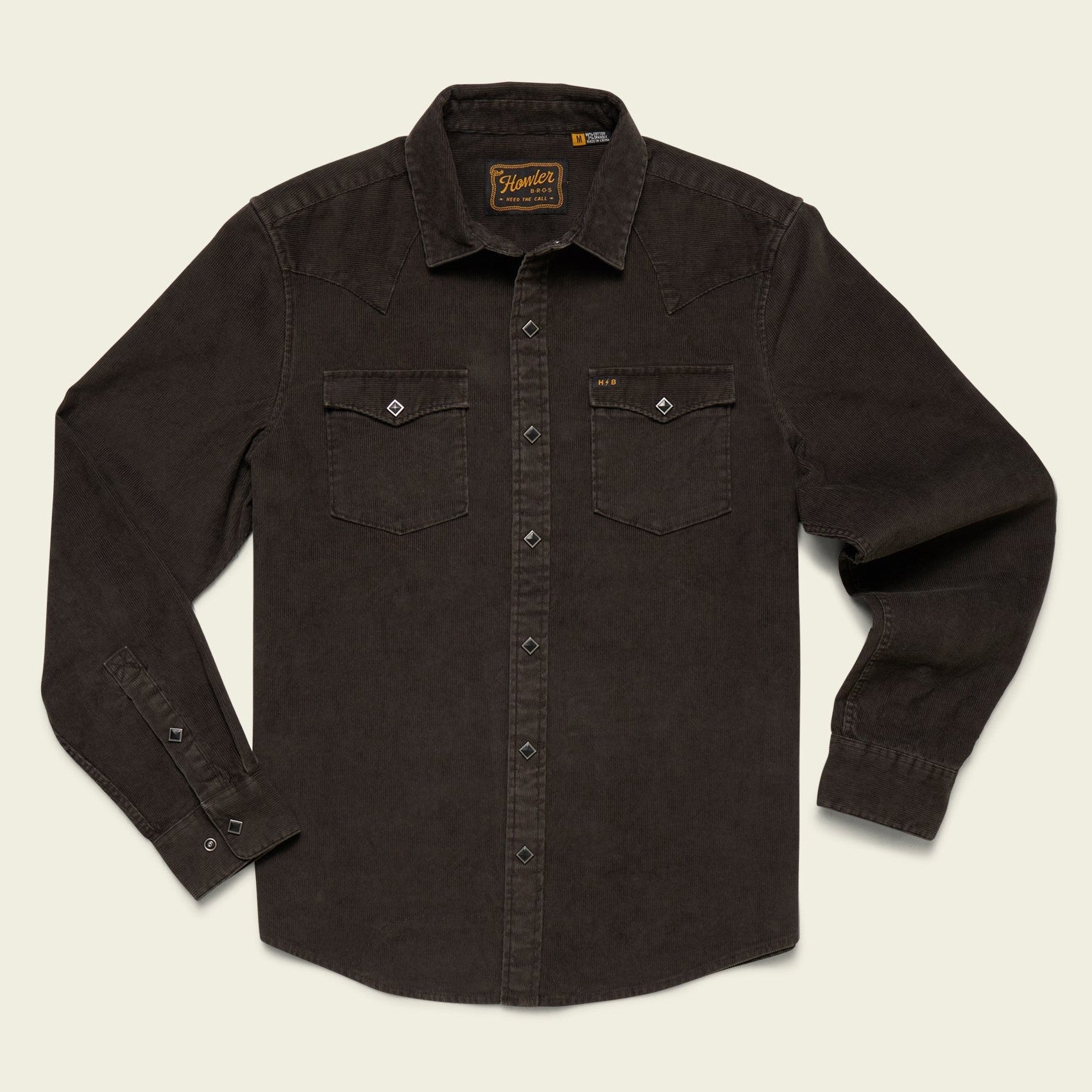 Roper's Clothing solid corduroy snap shirt in Antique Black, front view