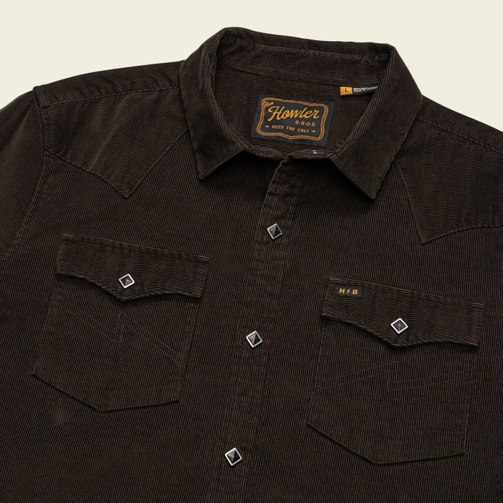 Roper's Clothing solid corduroy snap shirt in Antique Black, placket and yoke detail