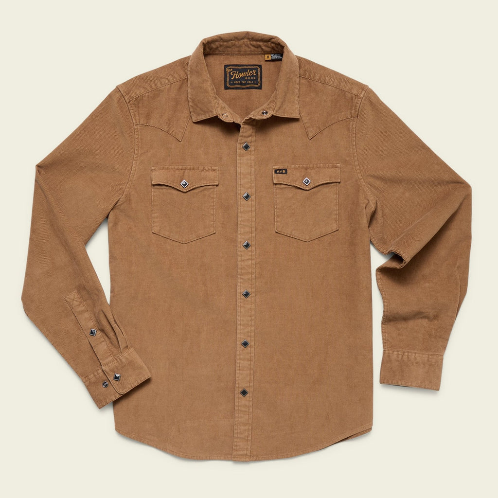 Roper's Clothing solid corduroy snap shirt in Duck Brown, front view