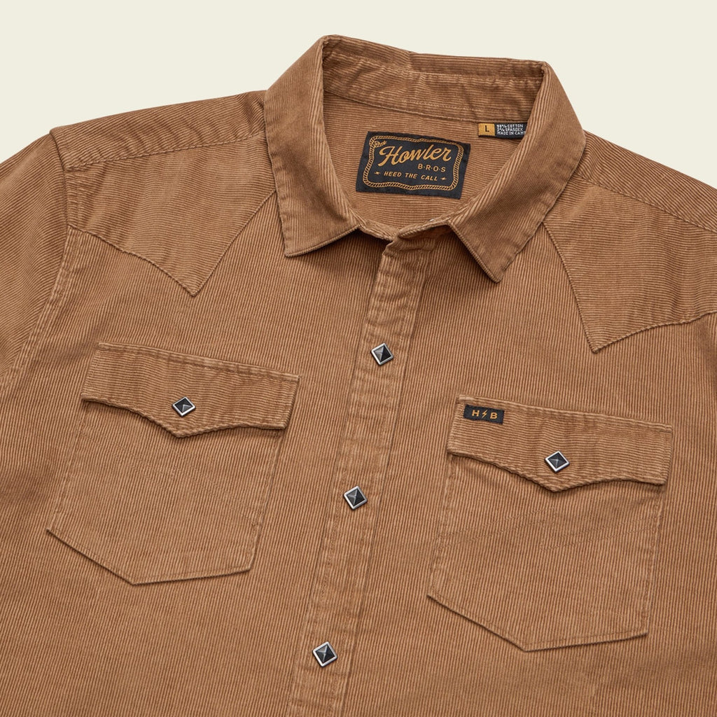 Roper's Clothing solid corduroy snap shirt in Duck Brown, placket and yoke detail