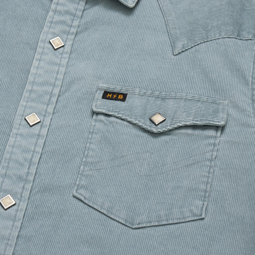 Roper's Clothing solid corduroy snap shirt in Iron Blue, worn on model