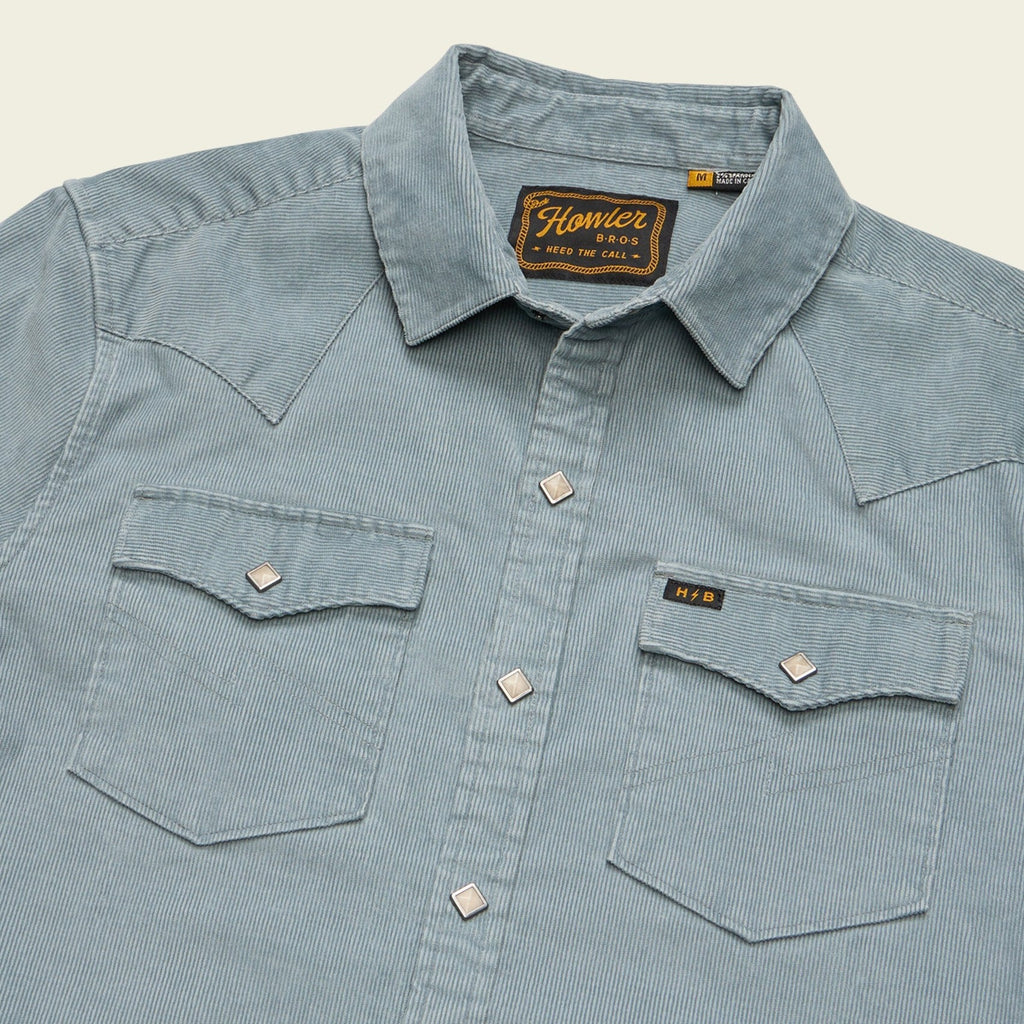 Roper's Clothing solid corduroy snap shirt in Iron Blue, placket and yoke detail