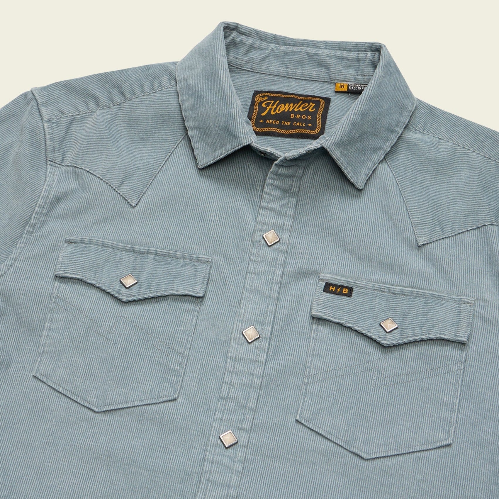 Roper's Clothing solid corduroy snap shirt in Iron Blue, placket and yoke detail