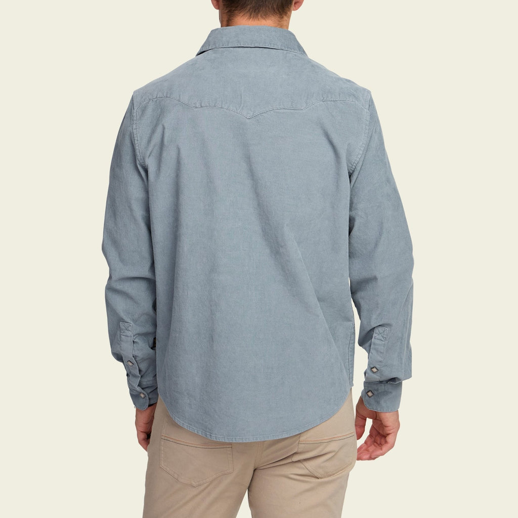 Roper's Clothing solid corduroy snap shirt in Iron Blue, fabric close-up