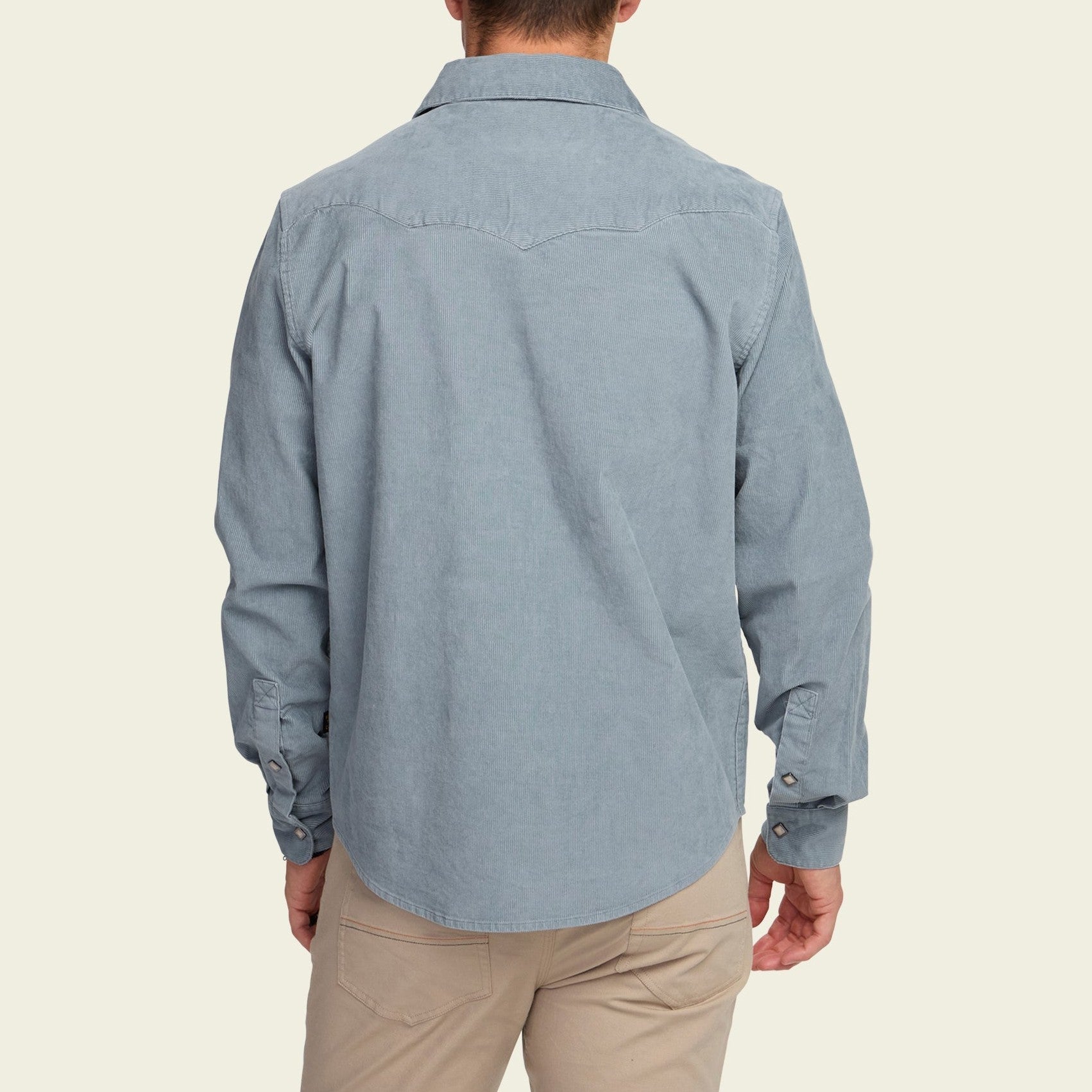 Roper's Clothing solid corduroy snap shirt in Iron Blue, fabric close-up