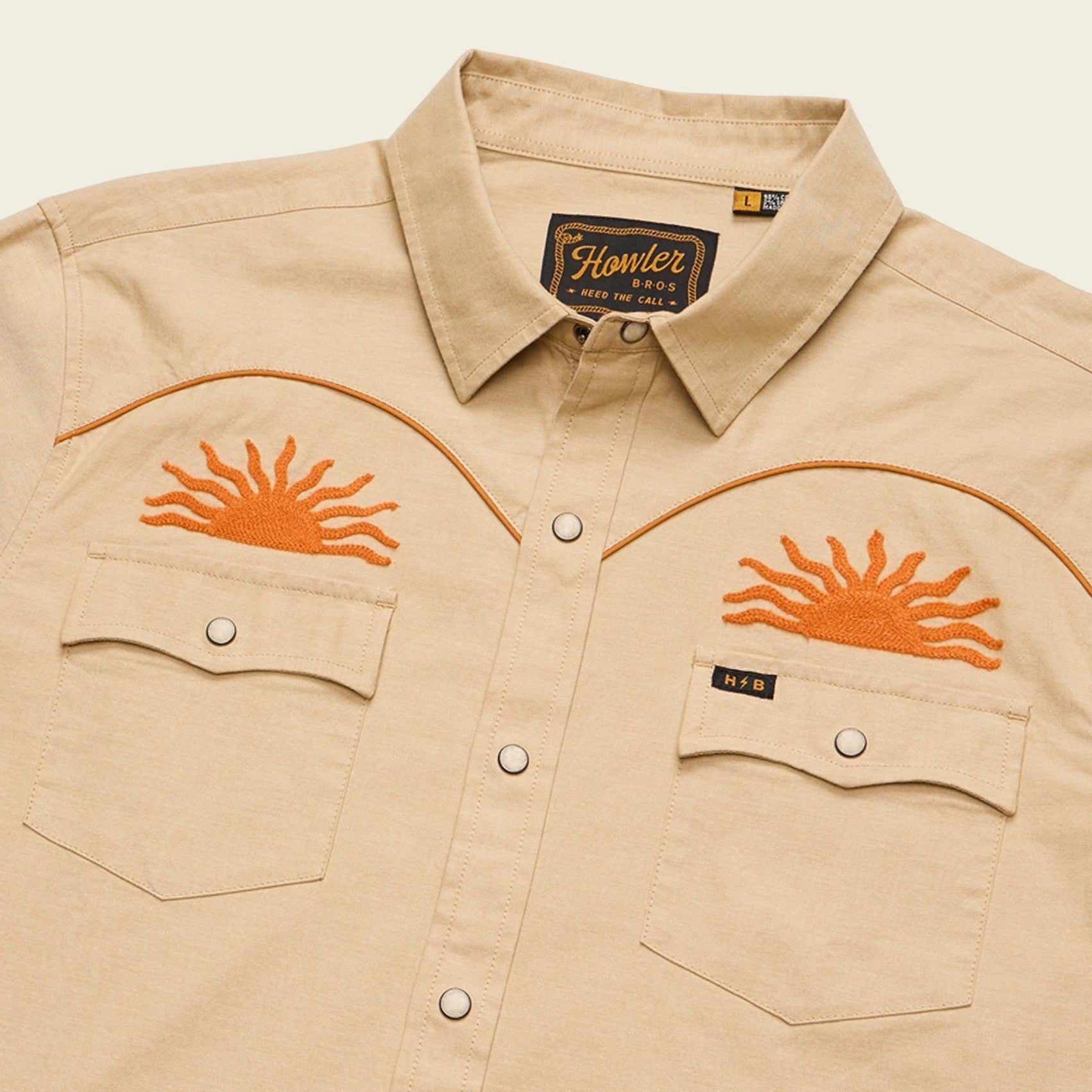 Roper's Clothing print cotton pearl snap shirt in El Sol: Gold, placket and yoke detail