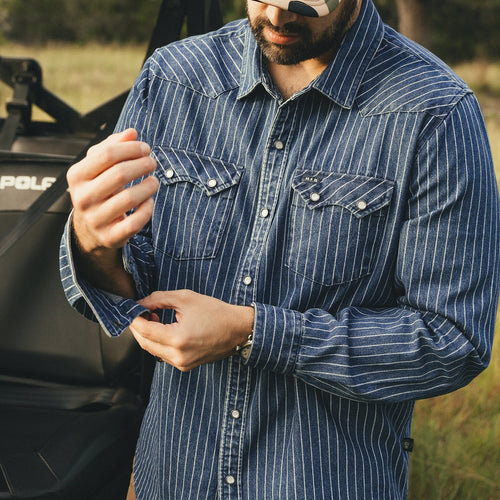 Roper's Clothing stripe denim snap shirt in Merle Stripe, back view