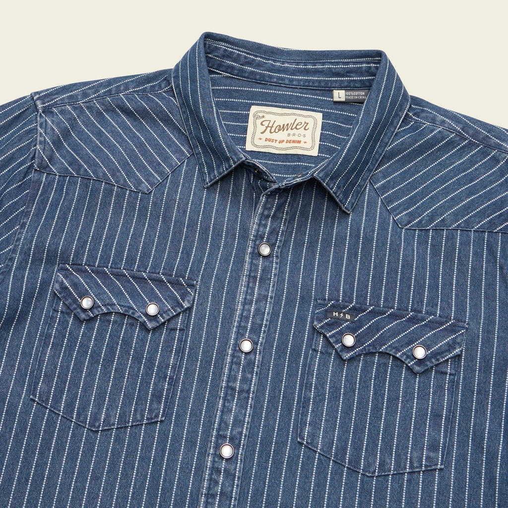 Roper's Clothing stripe denim snap shirt in Merle Stripe, placket and yoke detail