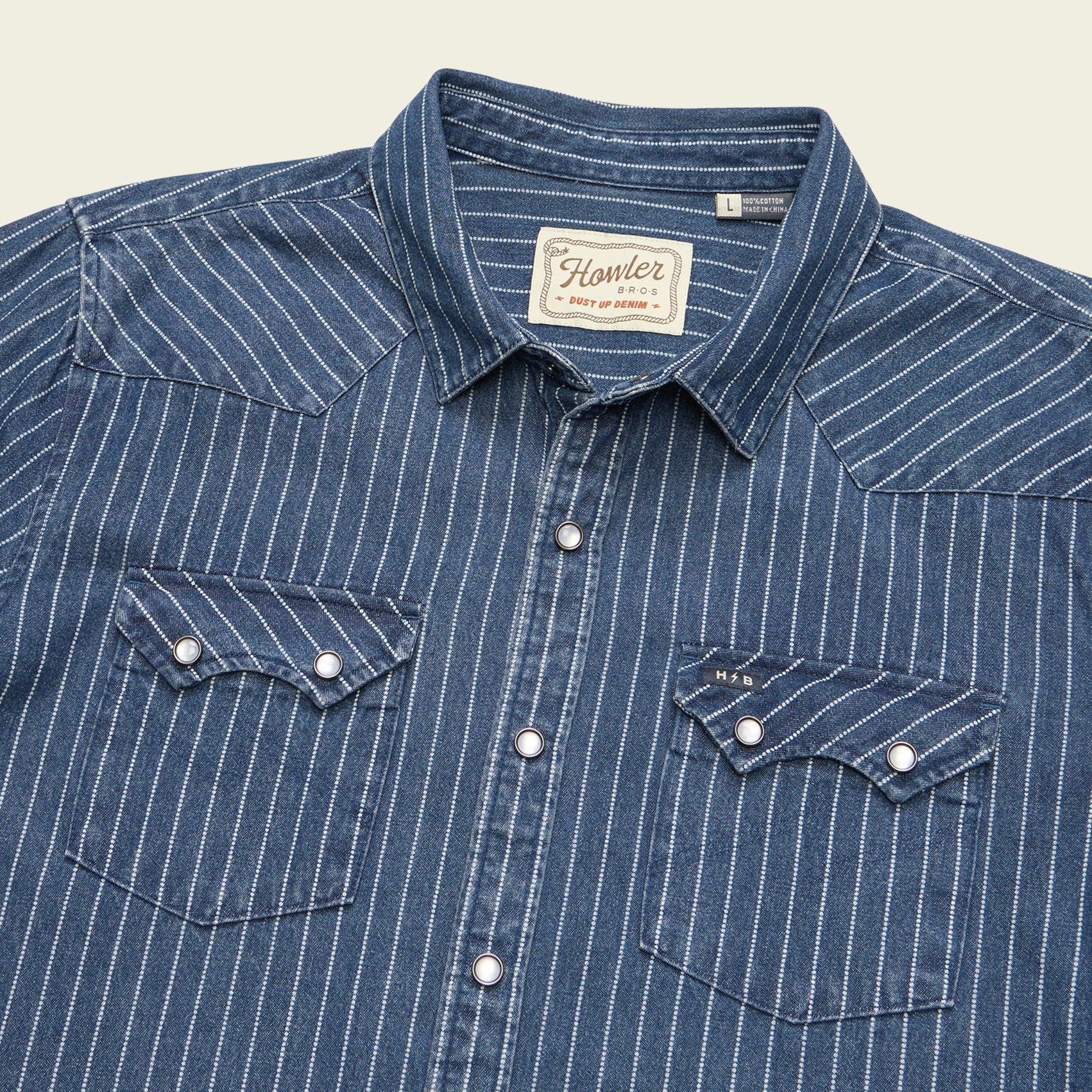 Roper's Clothing stripe denim snap shirt in Merle Stripe, placket and yoke detail