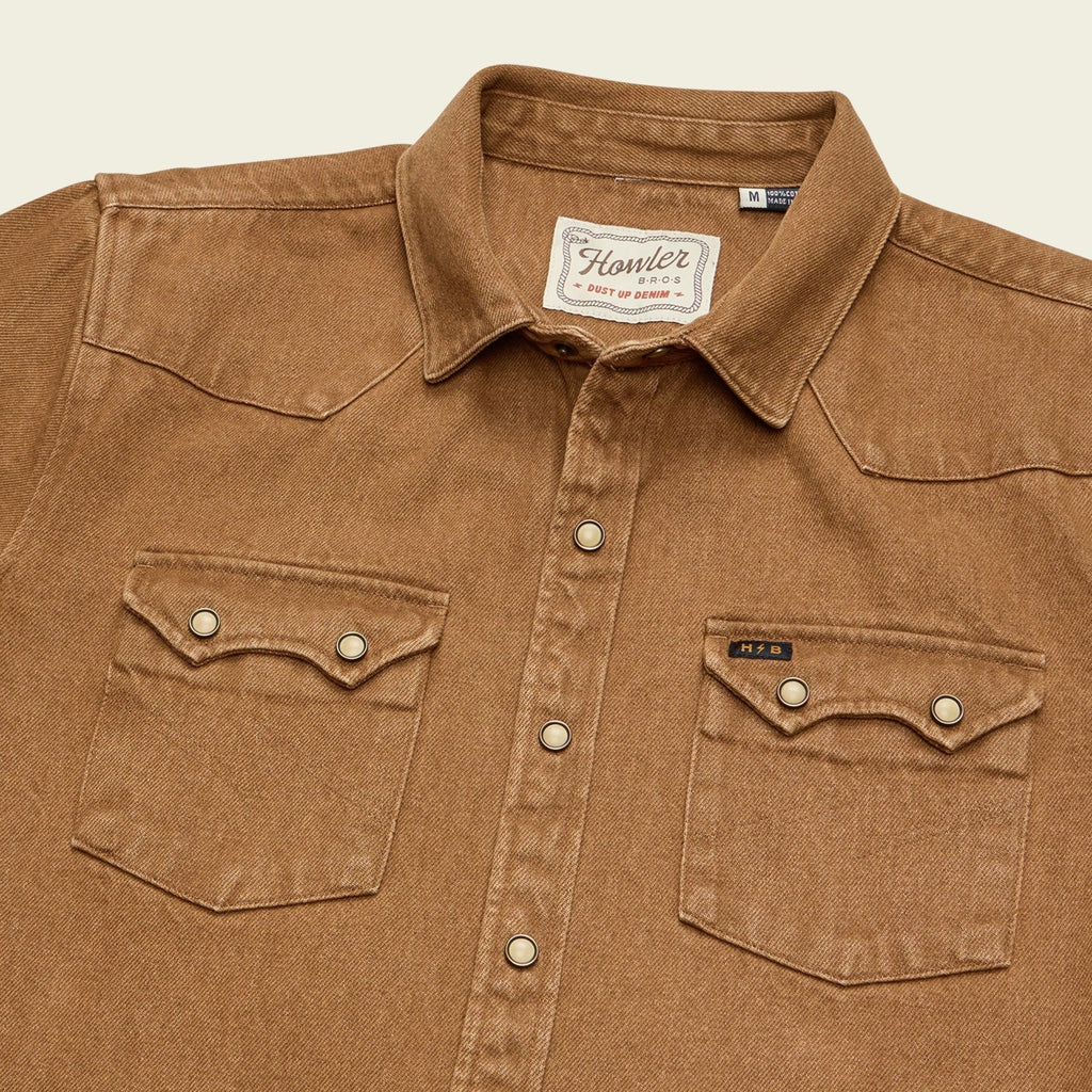 Roper's Clothing solid denim snap shirt in Owens Oaker Wash, placket and yoke detail