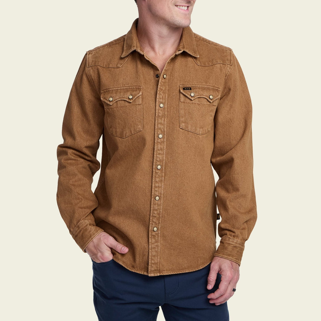 Roper's Clothing solid denim snap shirt in Owens Oaker Wash, cuff and sleeve detail