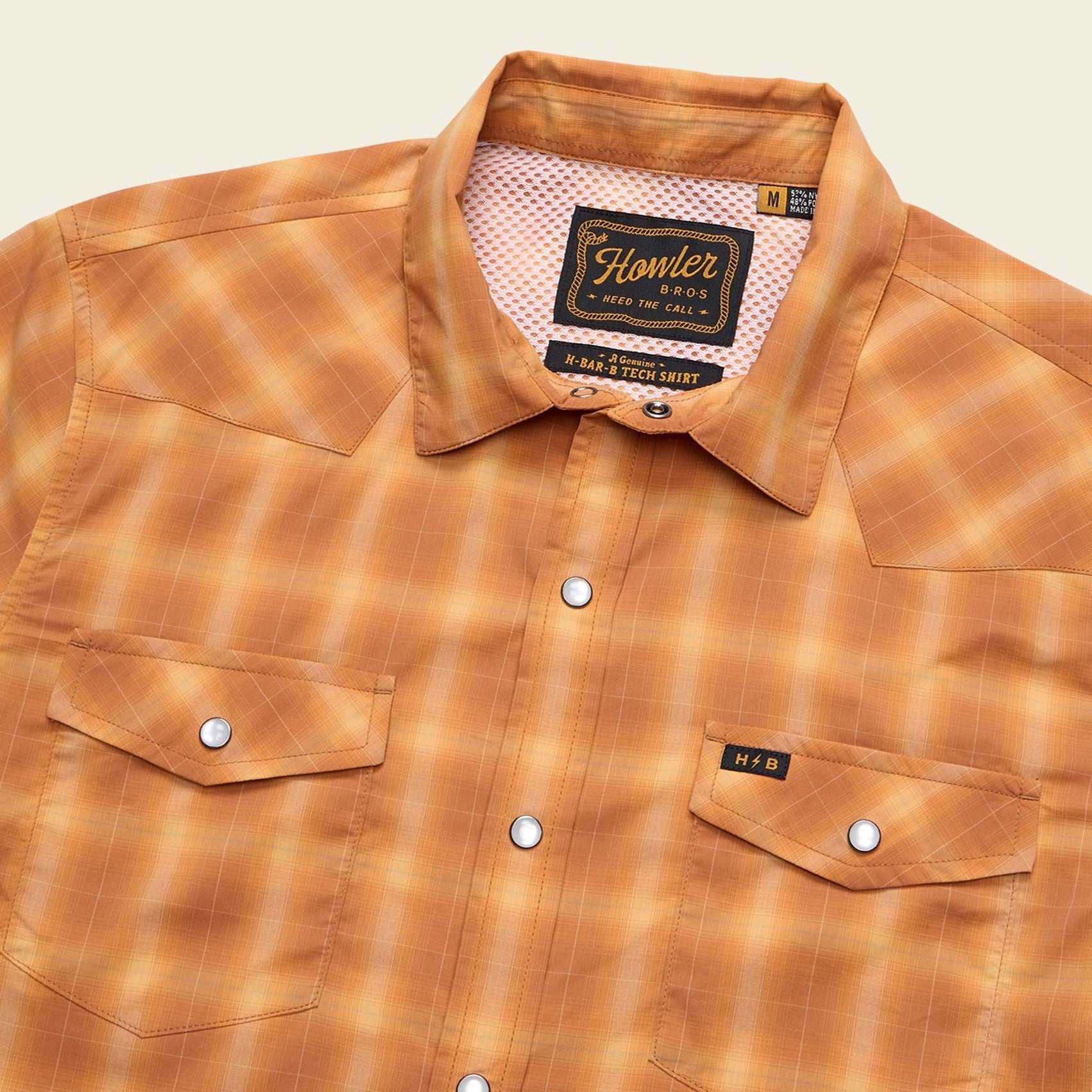 Roper's Clothing plaid performance snap shirt in Kent Plaid: Foliage, placket and yoke detail