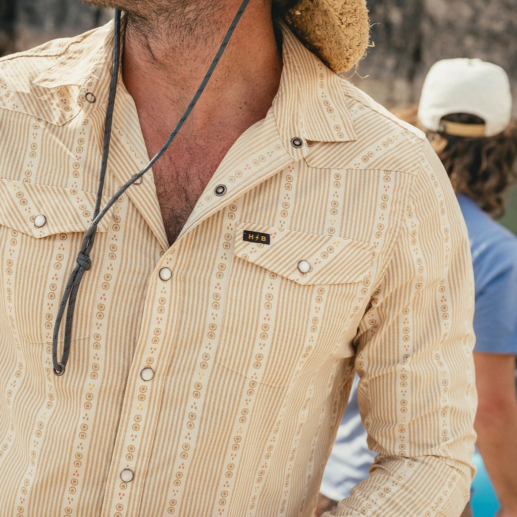 Roper's Clothing stripe performance snap shirt in Mosquero Stripe: Brown Rice, back view