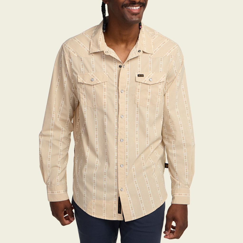 Roper's Clothing stripe performance snap shirt in Mosquero Stripe: Brown Rice, cuff and sleeve detail