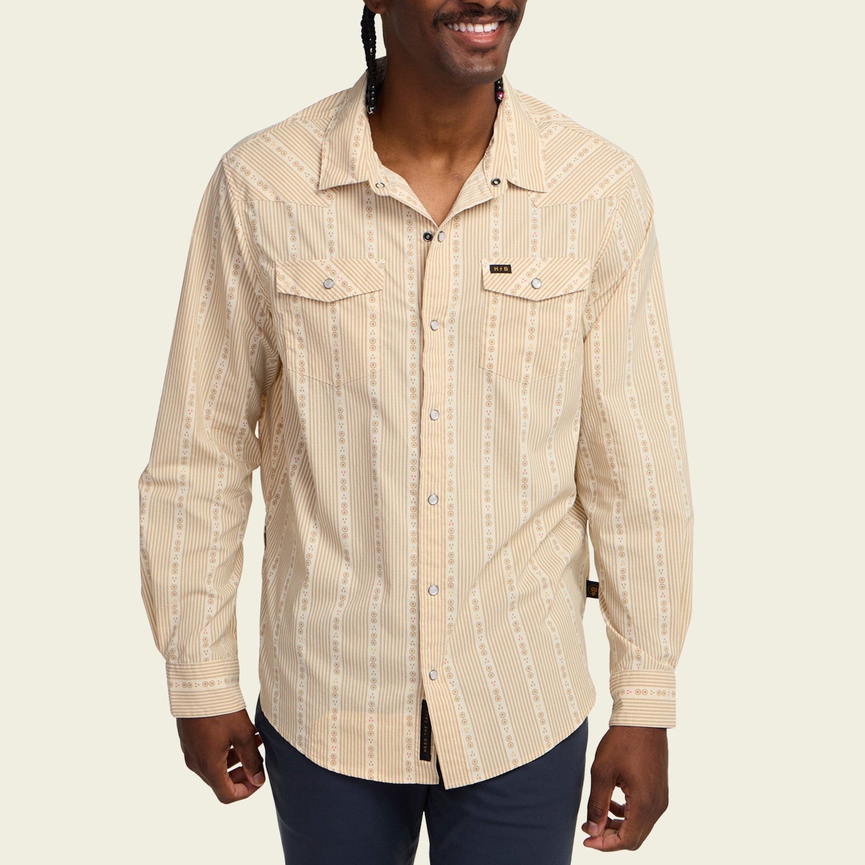 Roper's Clothing stripe performance snap shirt in Mosquero Stripe: Brown Rice, cuff and sleeve detail