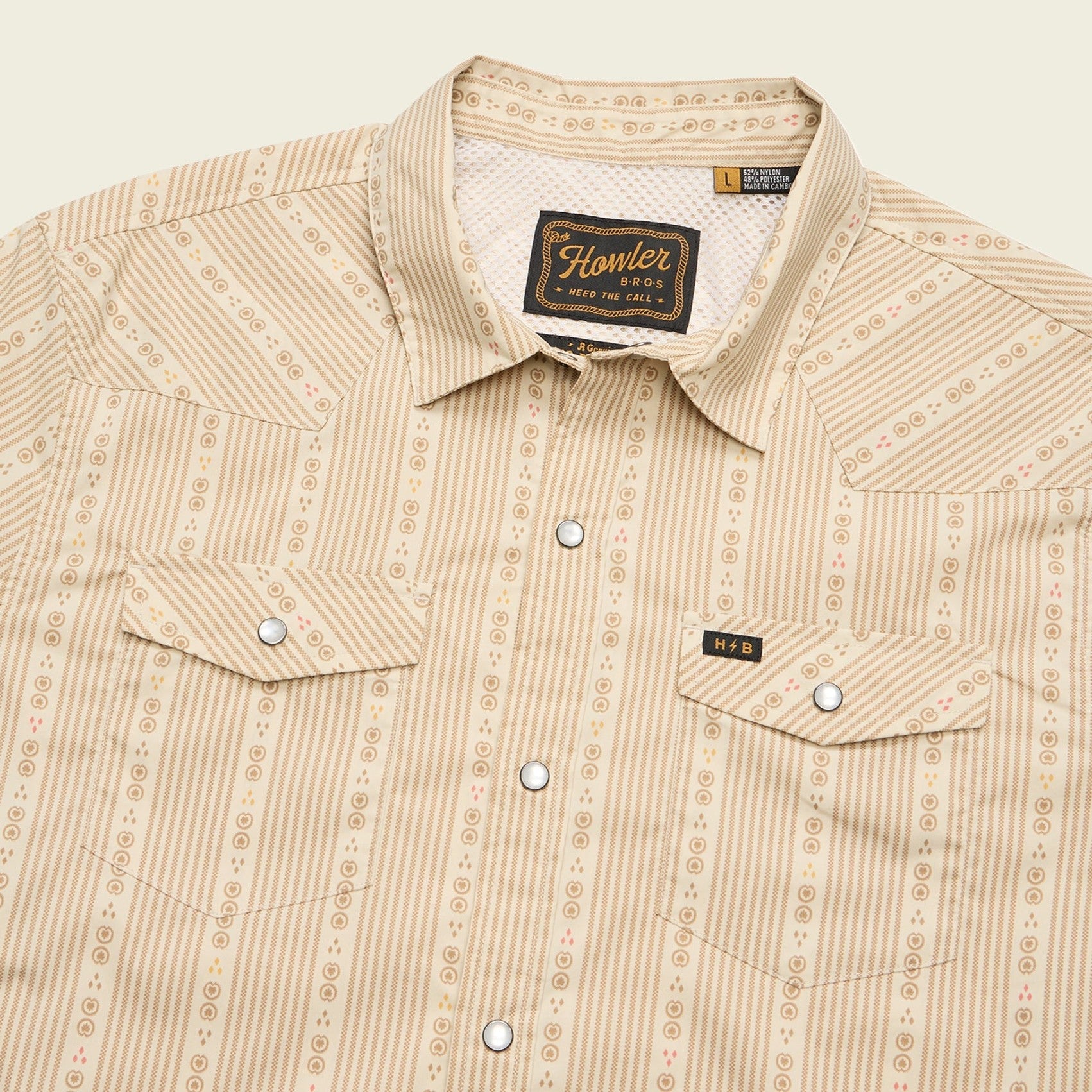 Roper's Clothing stripe performance snap shirt in Mosquero Stripe: Brown Rice, placket and yoke detail