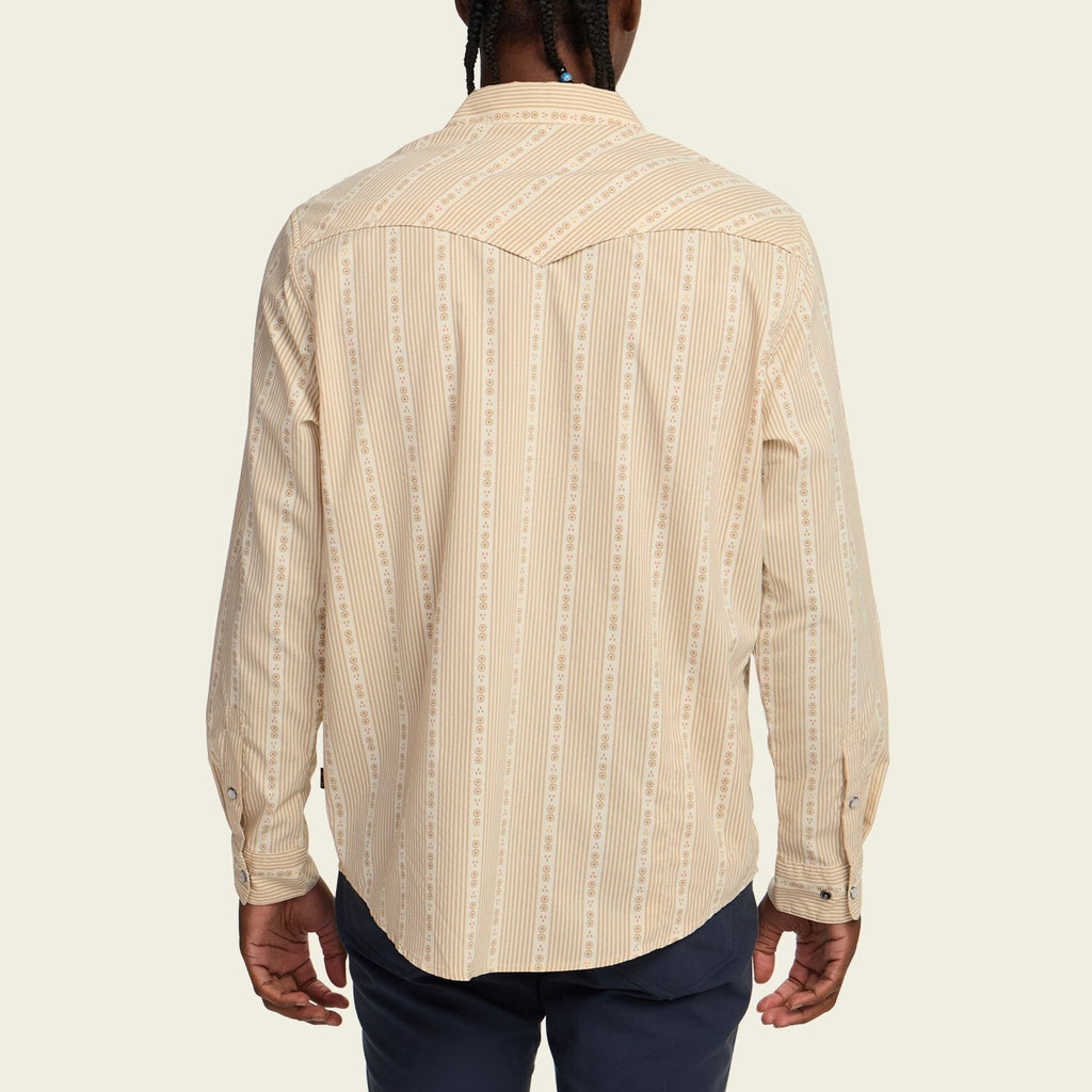 Roper's Clothing stripe performance snap shirt in Mosquero Stripe: Brown Rice, fabric close-up