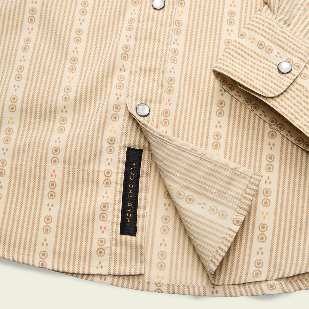 Roper's Clothing stripe performance snap shirt in Mosquero Stripe: Brown Rice, worn on model