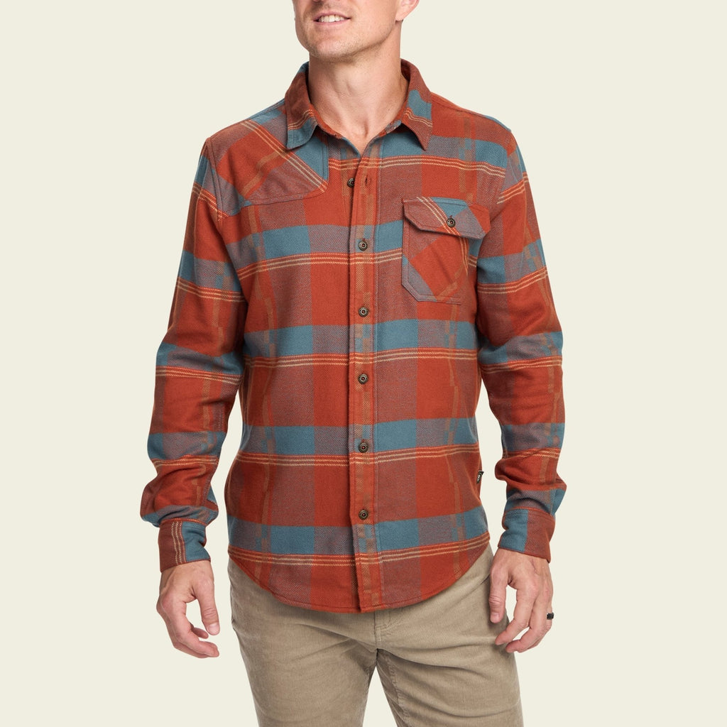Roper's Clothing plaid flannel shirt in Backdrop Plaid: Terracotta, cuff and sleeve detail