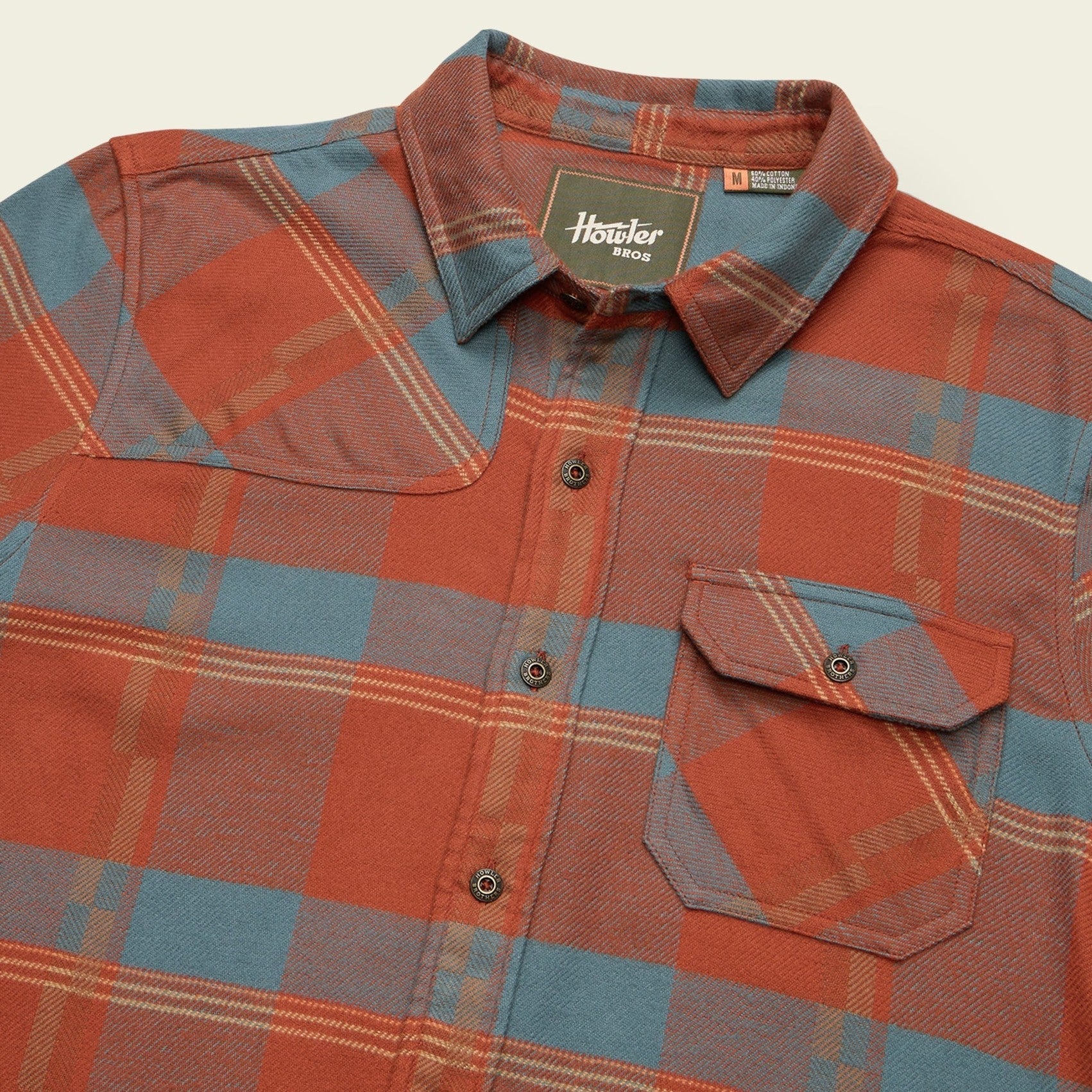 Roper's Clothing plaid flannel shirt in Backdrop Plaid: Terracotta, placket and yoke detail