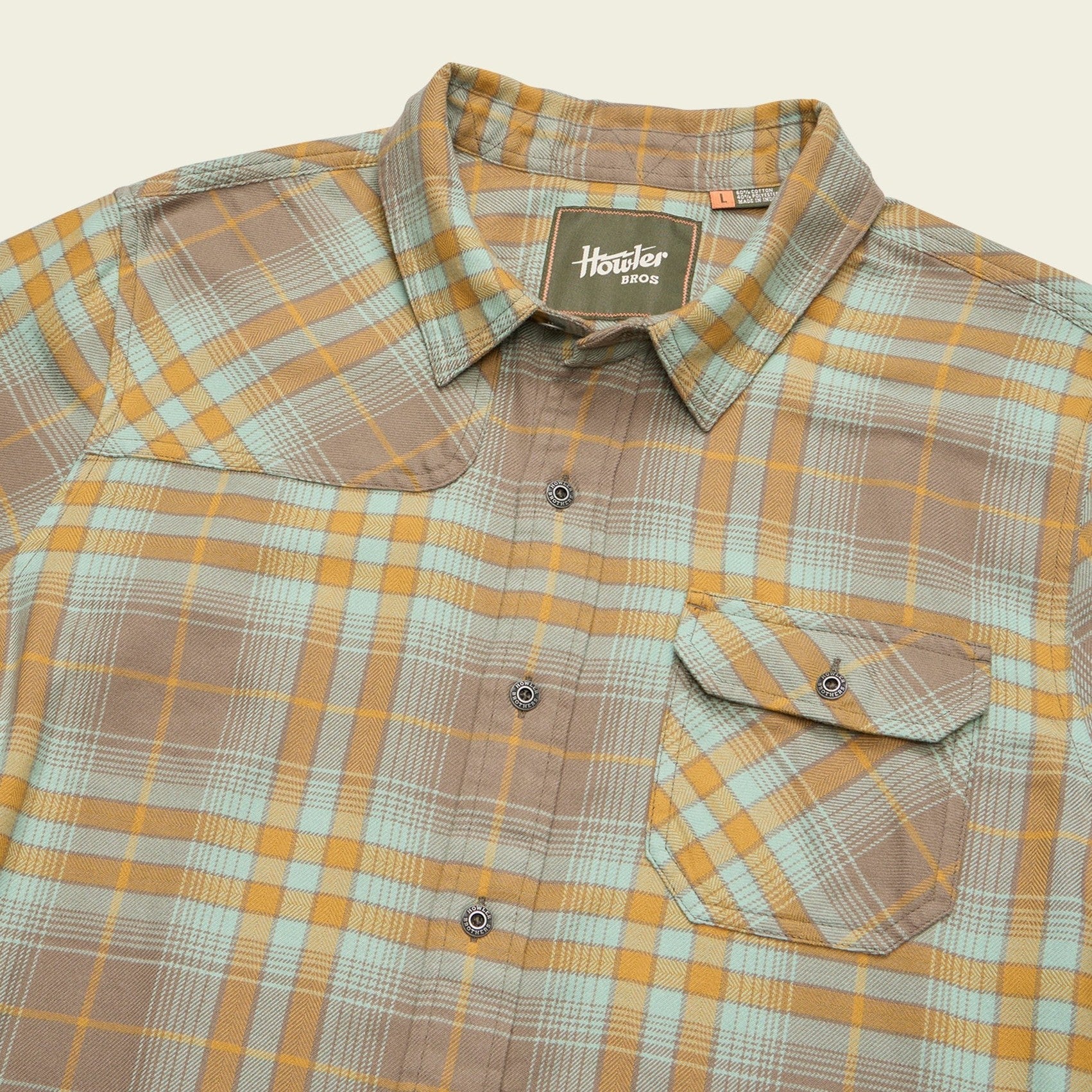 Roper's Clothing plaid flannel shirt in Kempton Plaid: Taupe, placket and yoke detail