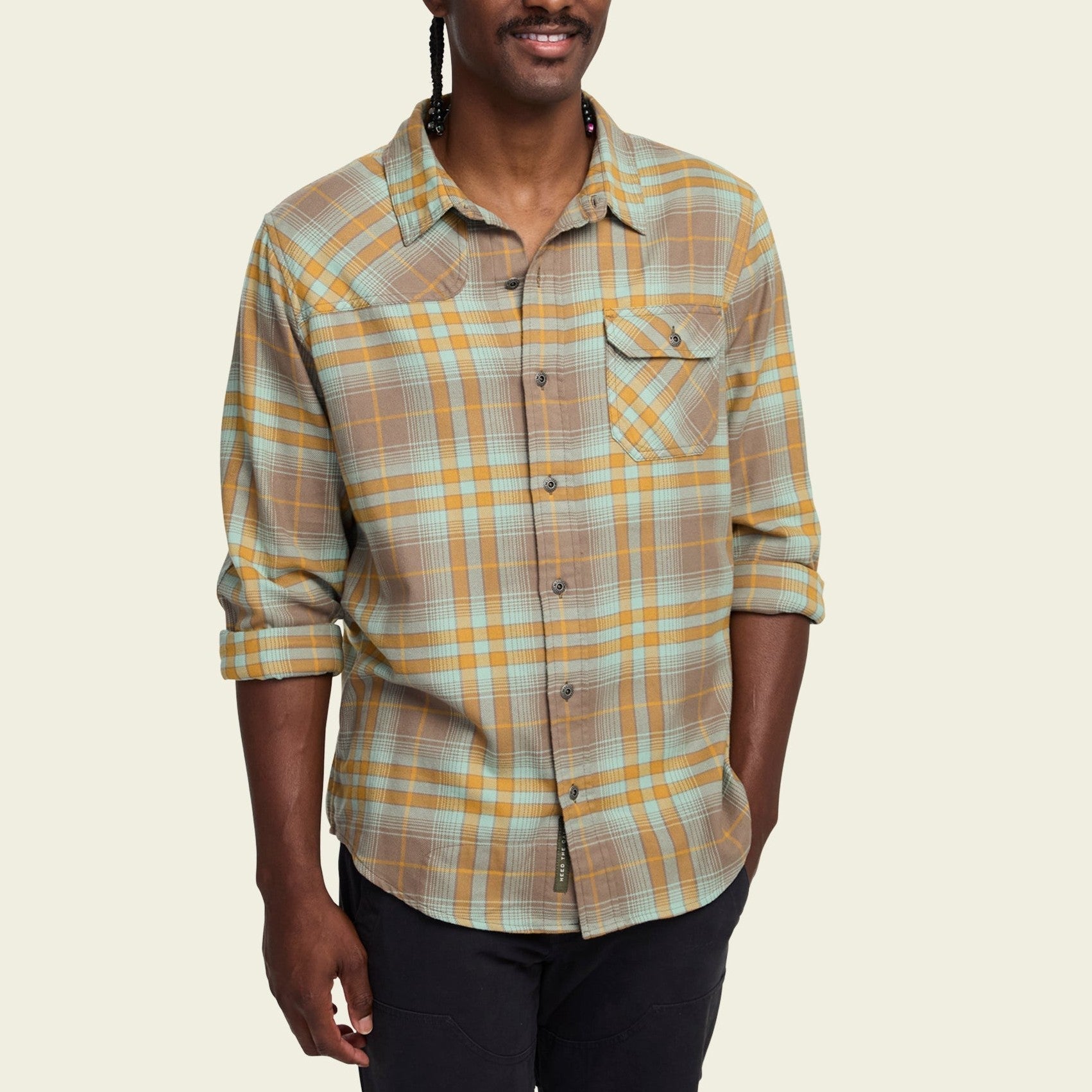 Roper's Clothing plaid flannel shirt in Kempton Plaid: Taupe, cuff and sleeve detail
