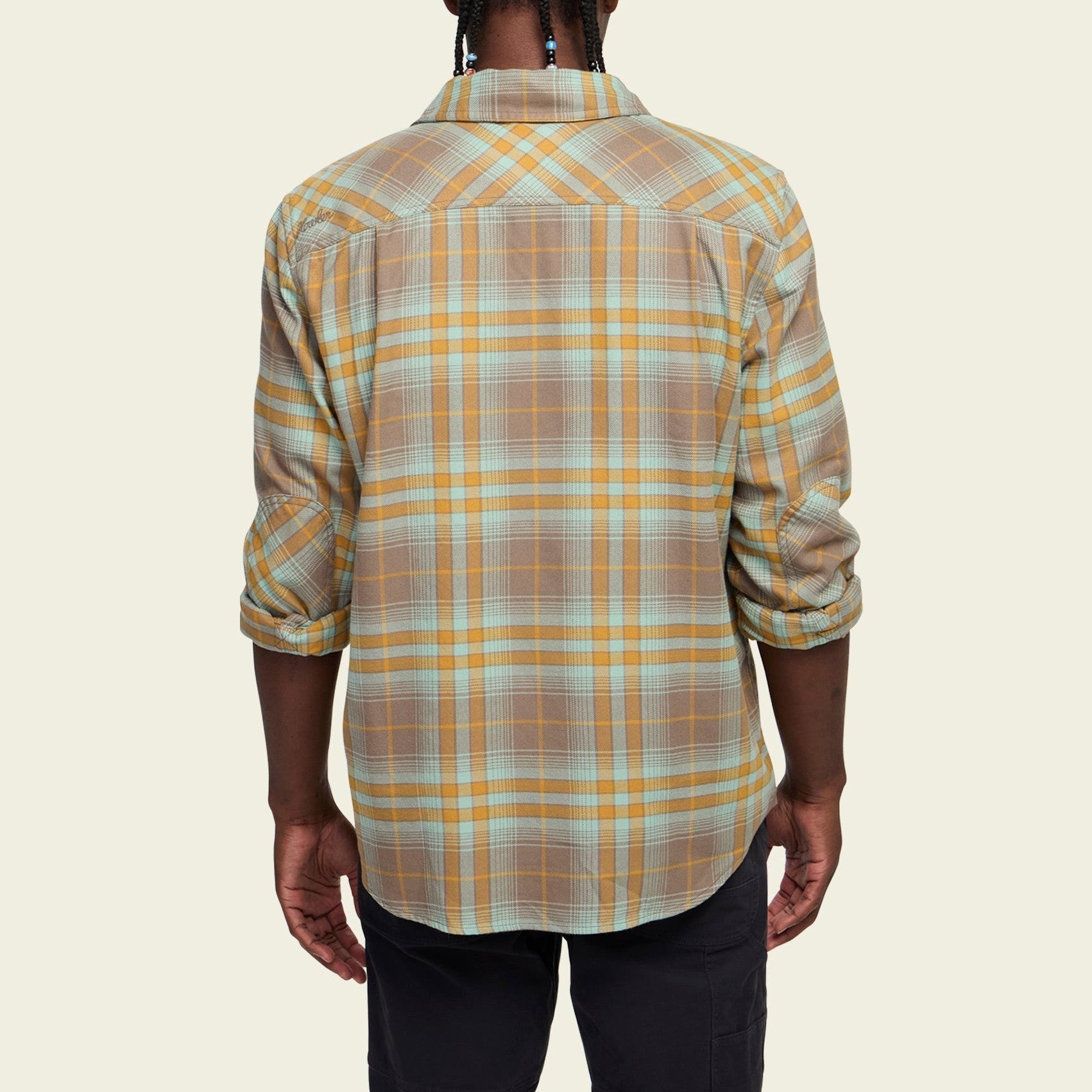 Roper's Clothing plaid flannel shirt in Kempton Plaid: Taupe, fabric close-up