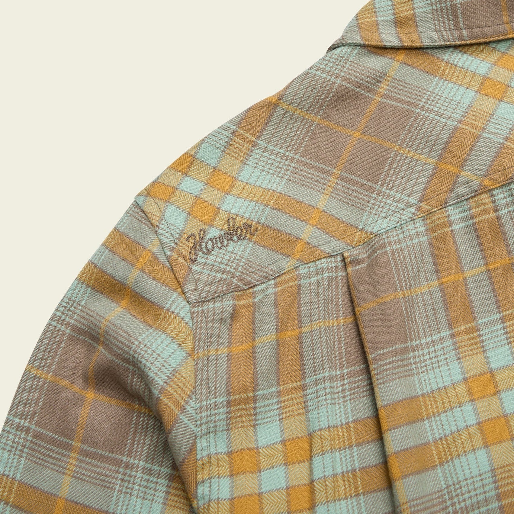 Roper's Clothing plaid flannel shirt in Kempton Plaid: Taupe, collar detail