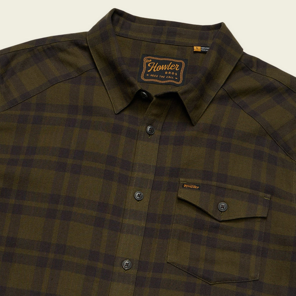 Roper's Clothing plaid flannel shirt in Cohen Plaid: Dark Olive, placket and yoke detail