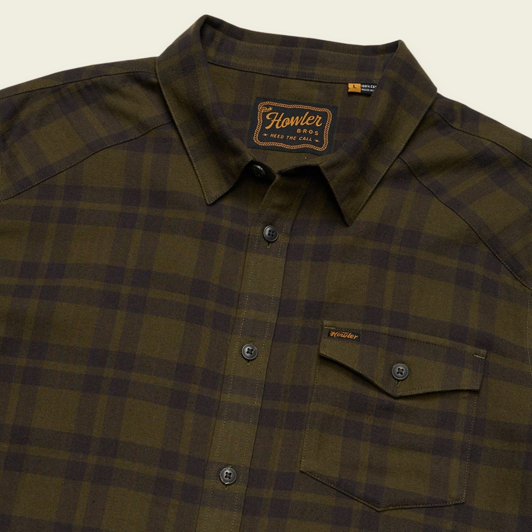 Roper's Clothing plaid flannel shirt in Cohen Plaid: Dark Olive, placket and yoke detail