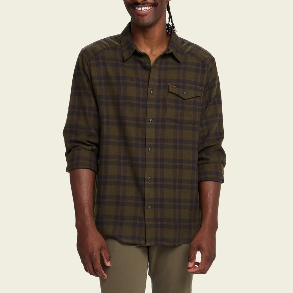 Roper's Clothing plaid flannel shirt in Cohen Plaid: Dark Olive, cuff and sleeve detail