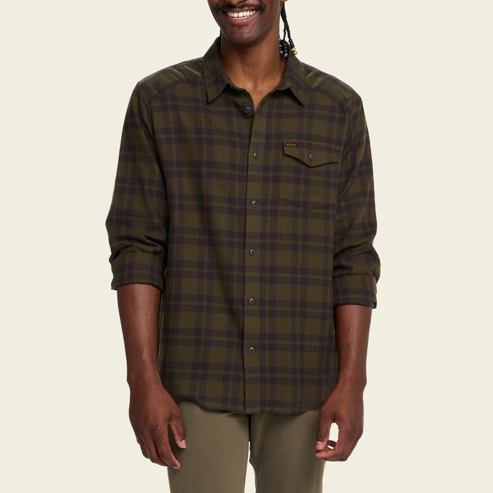 Roper's Clothing plaid flannel shirt in Cohen Plaid: Dark Olive, cuff and sleeve detail