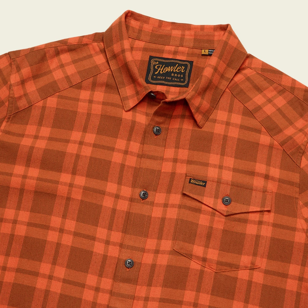 Roper's Clothing plaid flannel shirt in Cohen Plaid: Pumpkin, placket and yoke detail