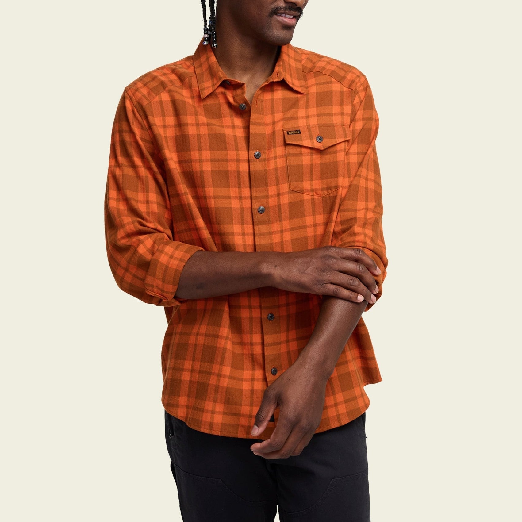 Roper's Clothing plaid flannel shirt in Cohen Plaid: Pumpkin, cuff and sleeve detail