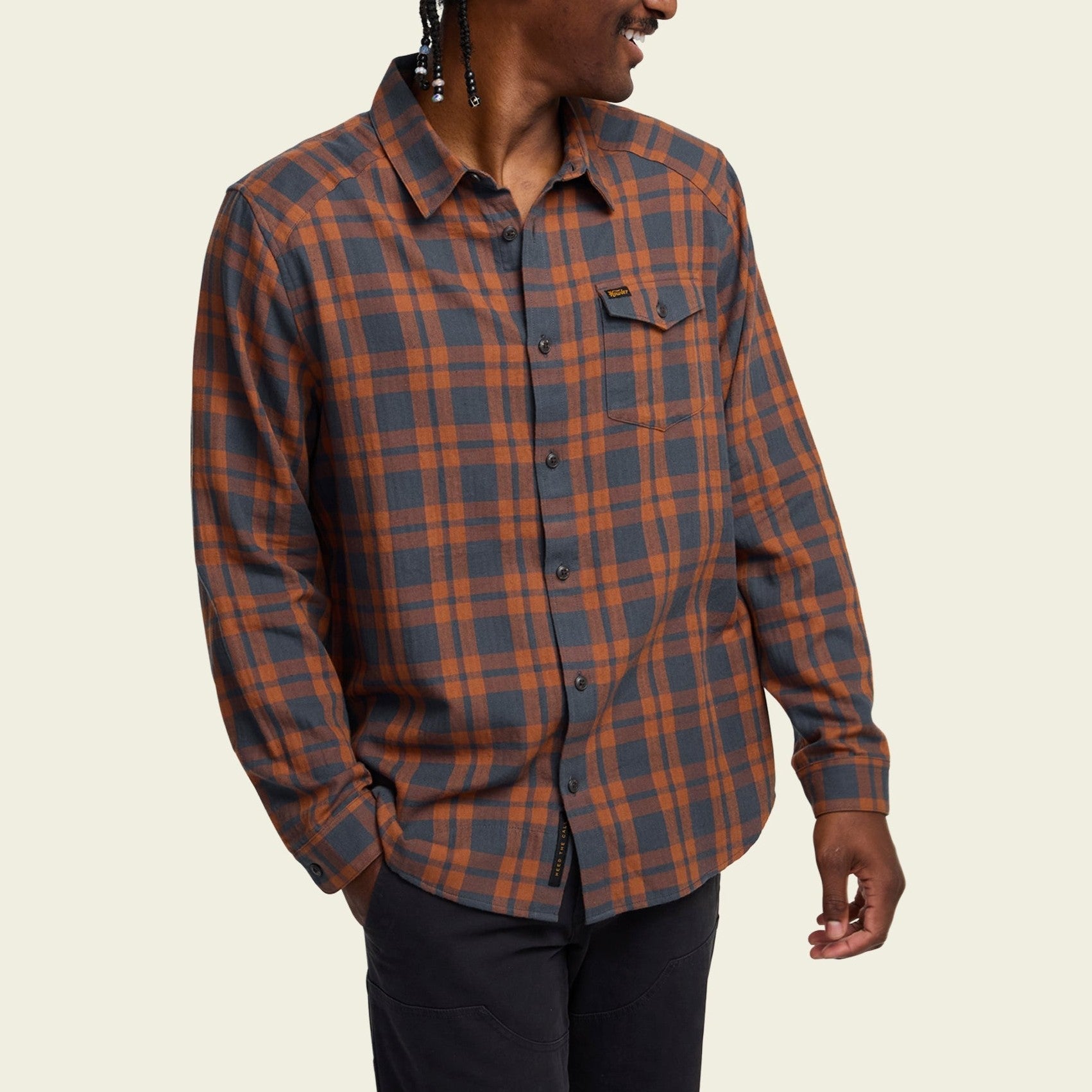 Roper's Clothing plaid flannel shirt in Cohen Plaid: Stargazer, cuff and sleeve detail